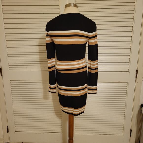 Striped Ribbed Knit Mini Dress Ronnie Kobo Long Sleeve Black Tan S/M - Picture 4 of 7